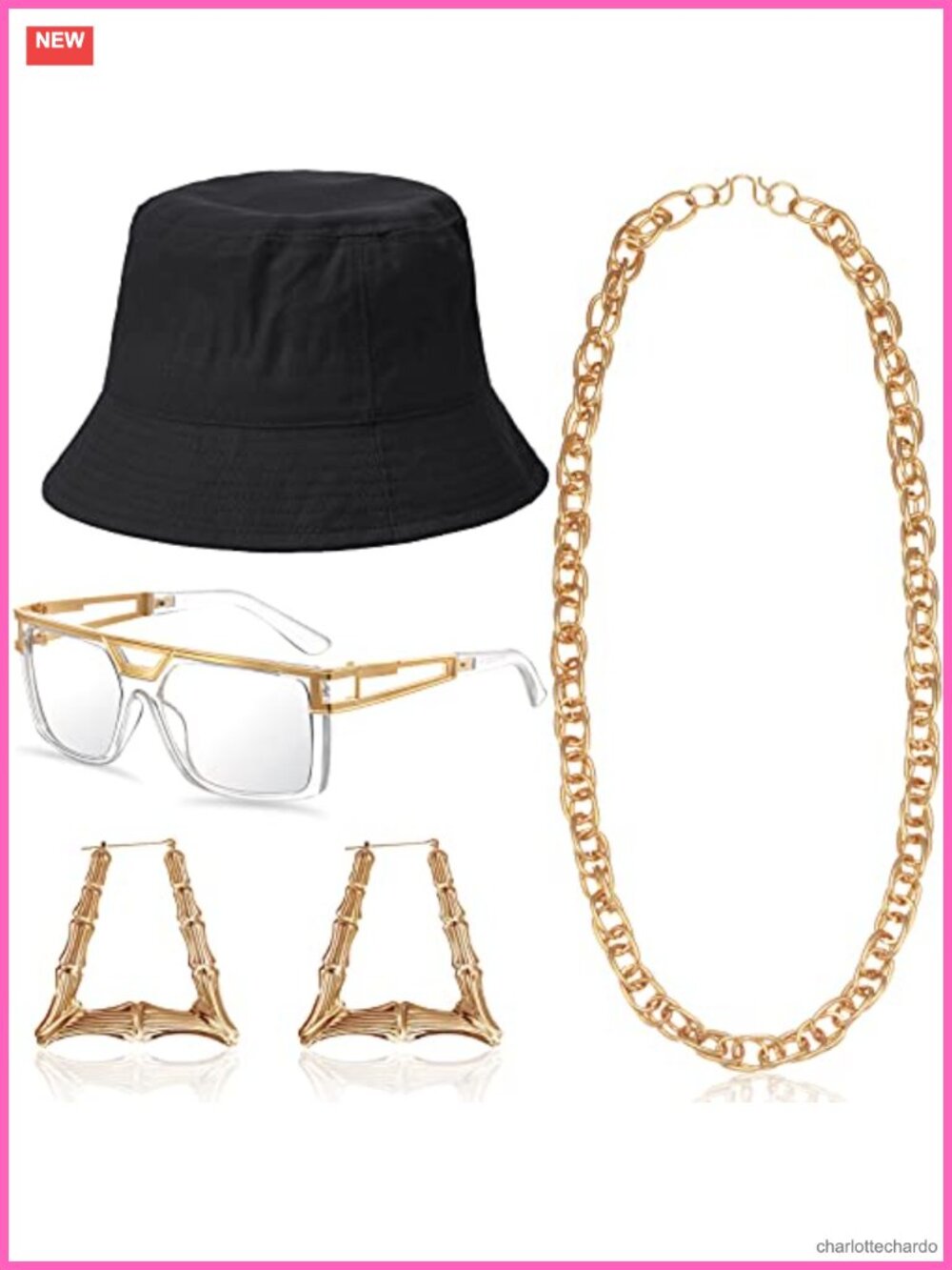 Hip Hop Costume Kit 80s 90s Rapper Accessory Set Gold Plated Hoop Earrings